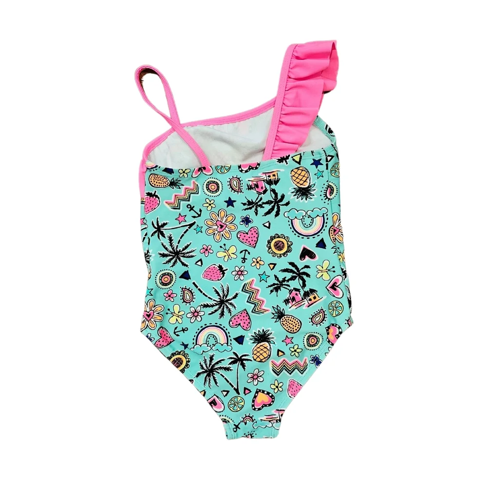 Toddler One Piece Swimsuit Allover Summer Print and Ruffle Shoulder Size 5